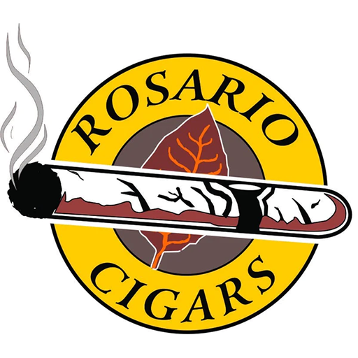 Company Logo Image this image consist of a circular banner yellow with a smaller brown circle and a image of a tobaco leaf in front of this is a burning cigar with then name written in a circle Rosario Cigars